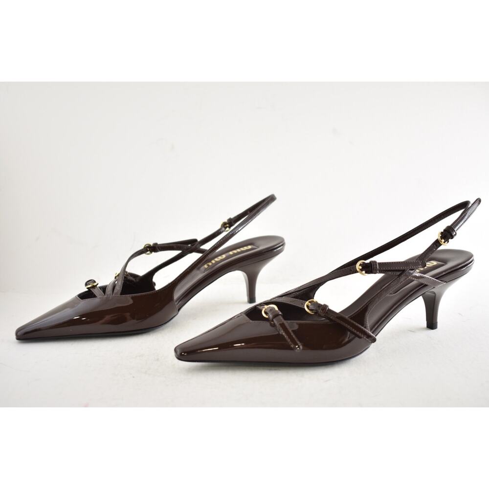 Miu Miu 55 Cacao Brown Patent Buckle Trio Pointed Slingback Kitten Heel Pump 38 - Picture 14 of 16